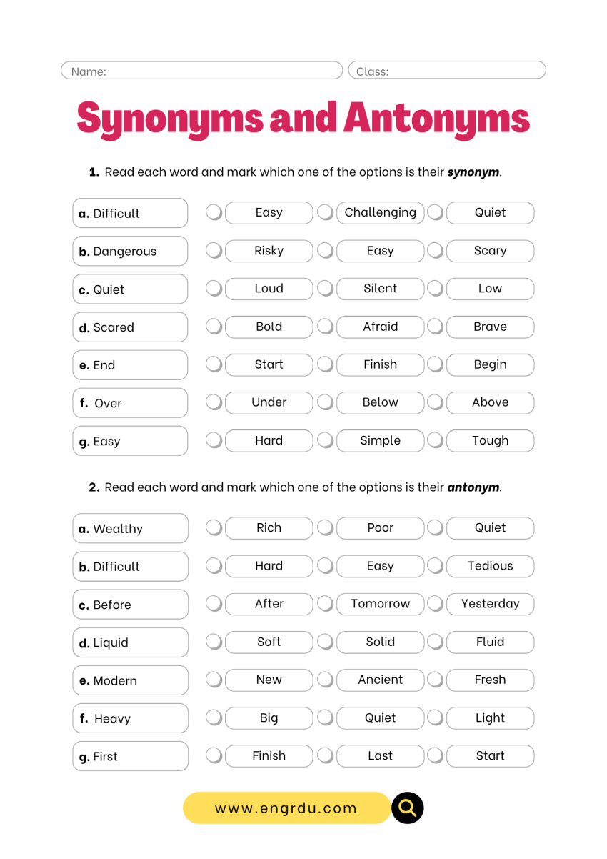 Synonyms and Antonyms Worksheets with PDF - Engrdu