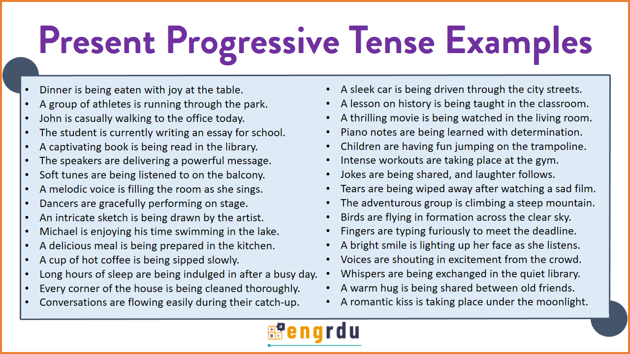 100 Present Progressive Tense Words and Sentences