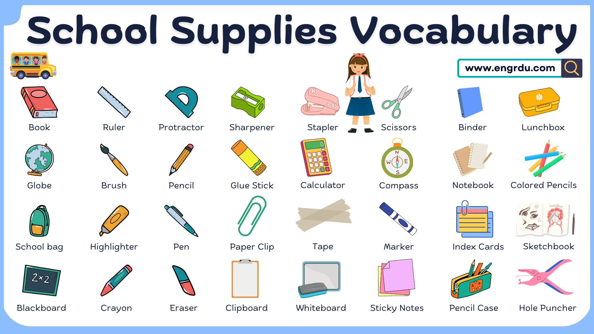 School Supplies Vocabulary with Images | 40 Things in School