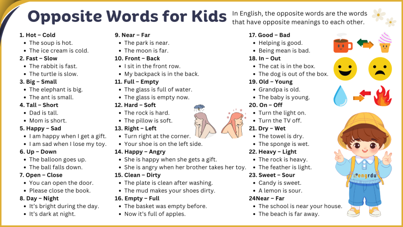 100 Opposite Words for Kids with Example Sentences and PDF