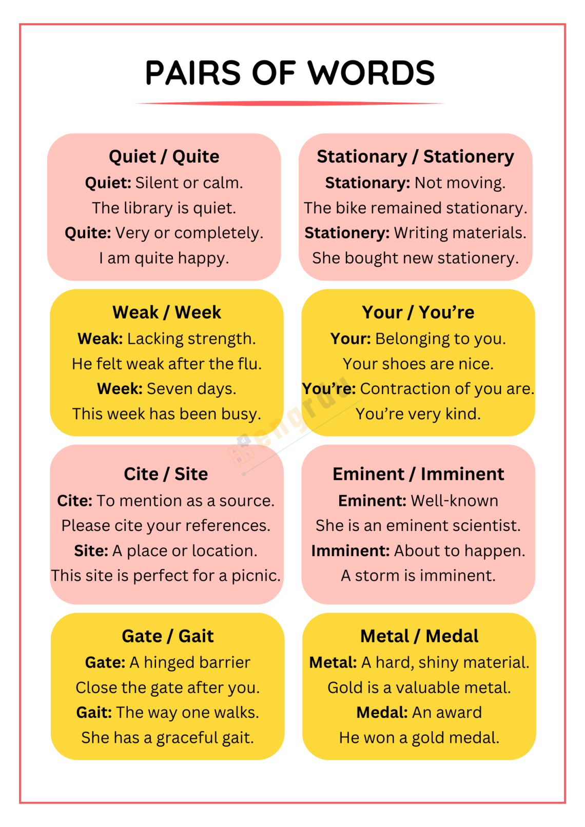 100 Pairs of Words in English with Meanings and Examples - Engrdu