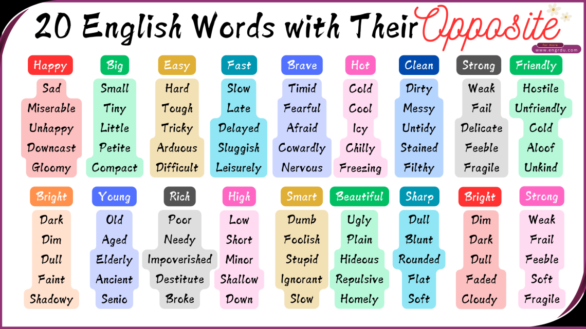 20 English Words with Their Opposites and Meanings - Engrdu