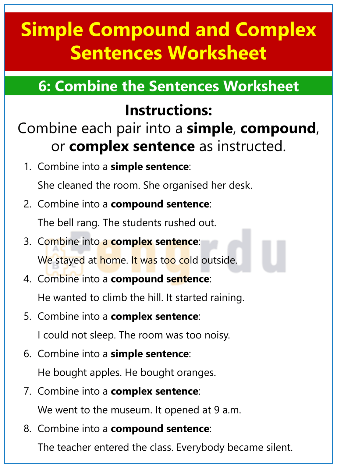 Simple Compound and Complex Sentences Worksheet - Engrdu