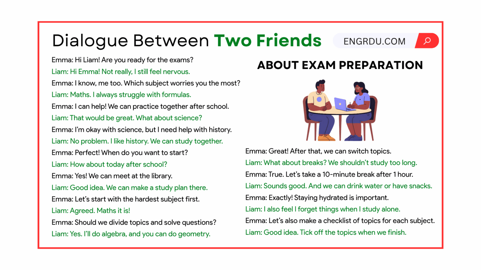 Dialogue Between Two Friends about Exam Preparation - Engrdu