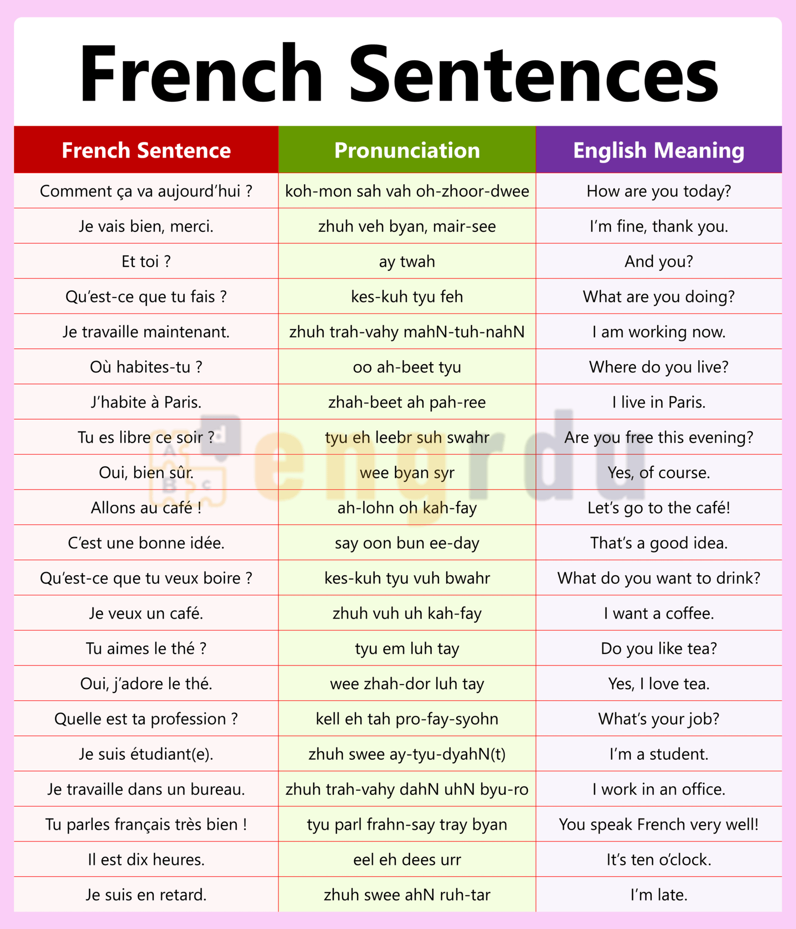 100+ Basic French Sentences with Pronunciation and PDF - Engrdu