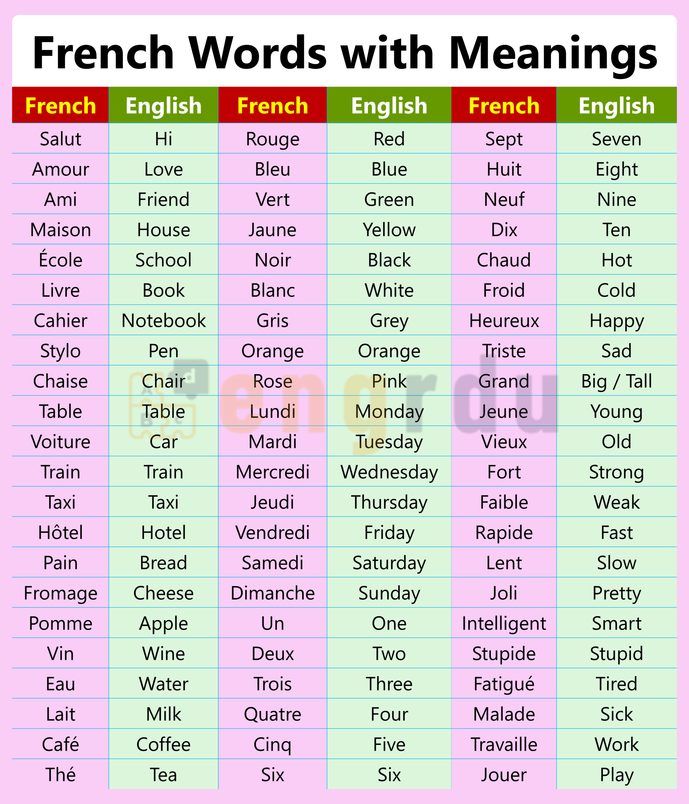 100 French Words with Meanings in English