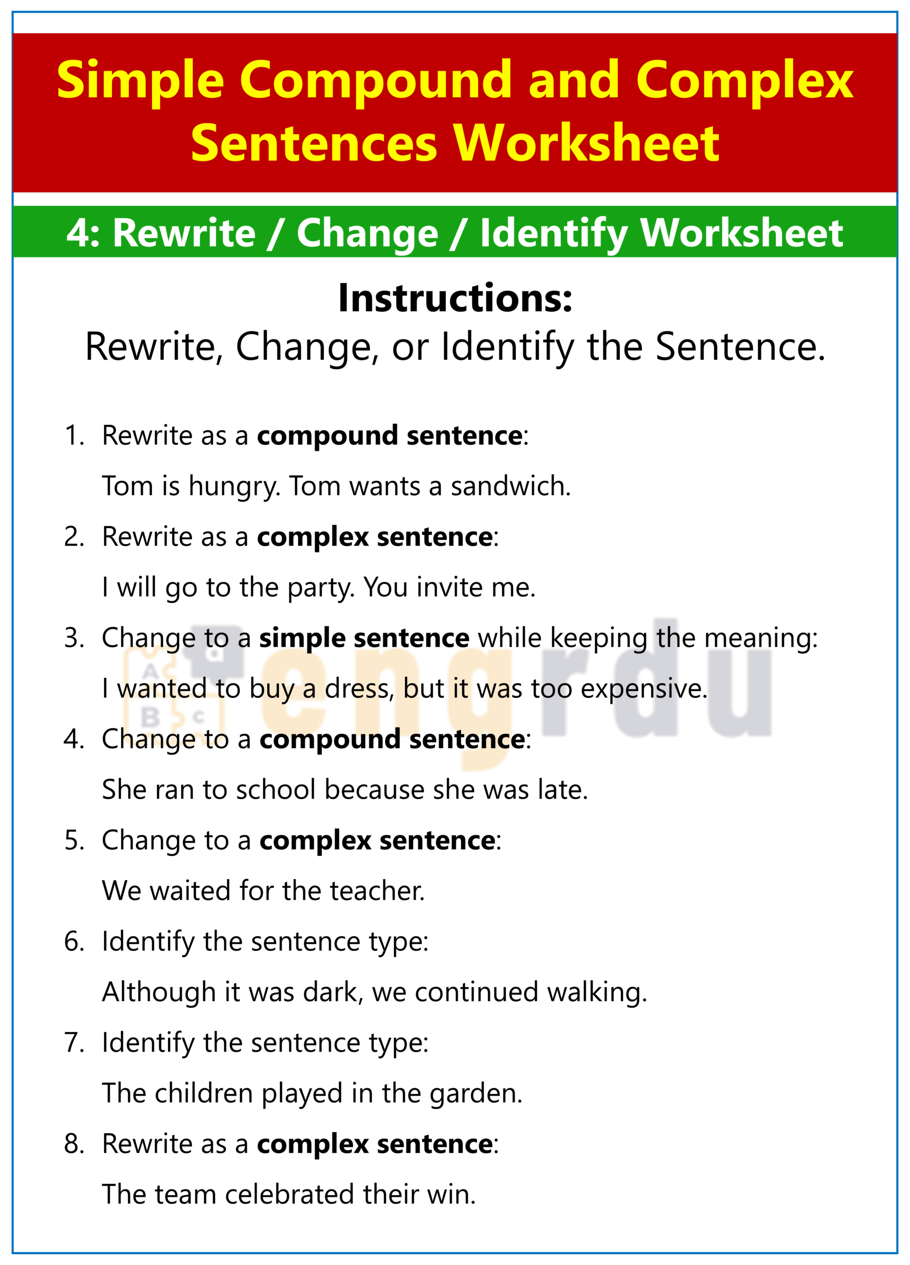 Rewrite, Change, and Identify Sentences Worksheet