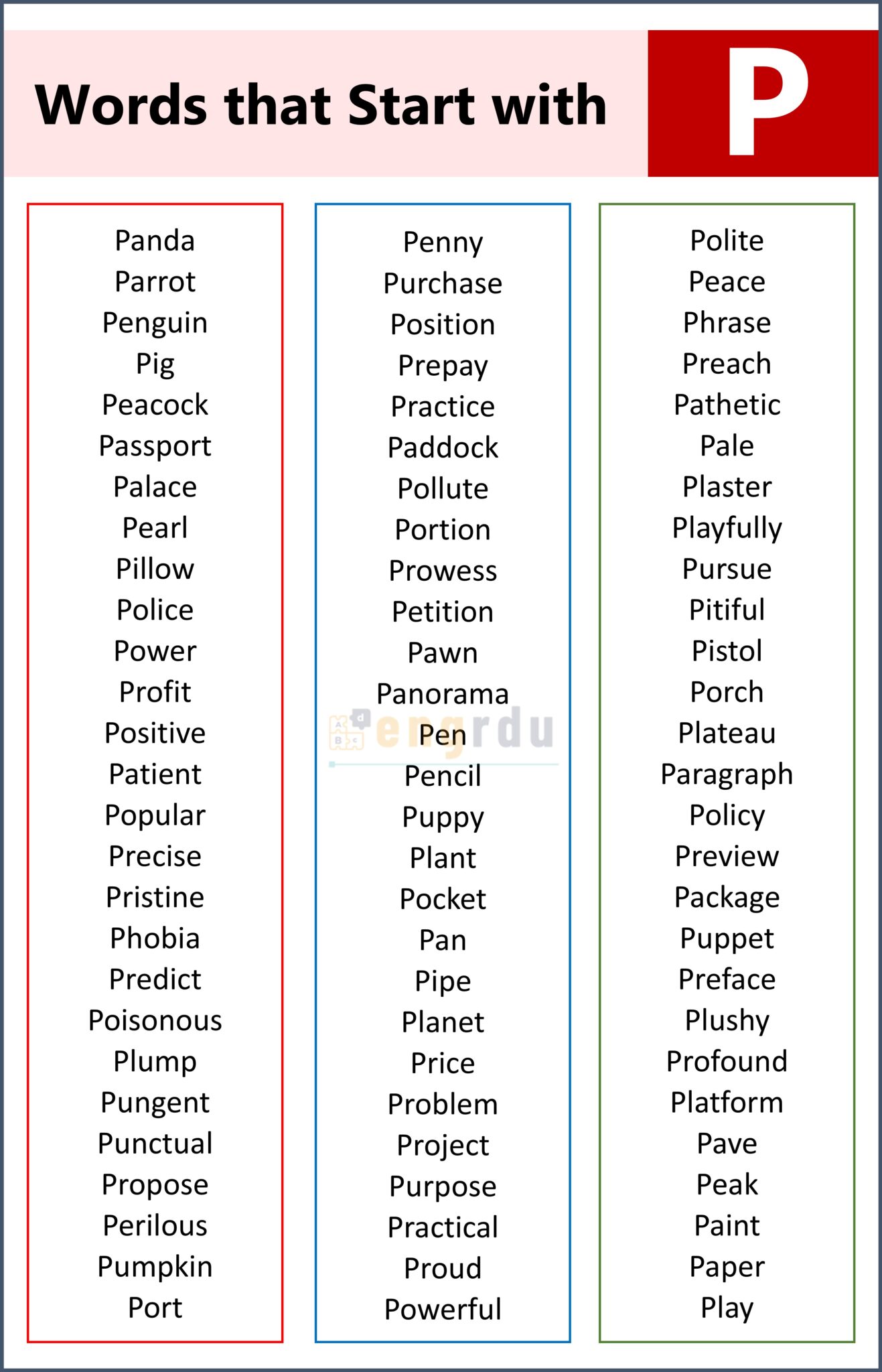 500+ Words that Start with P | P-Words List in English - Engrdu