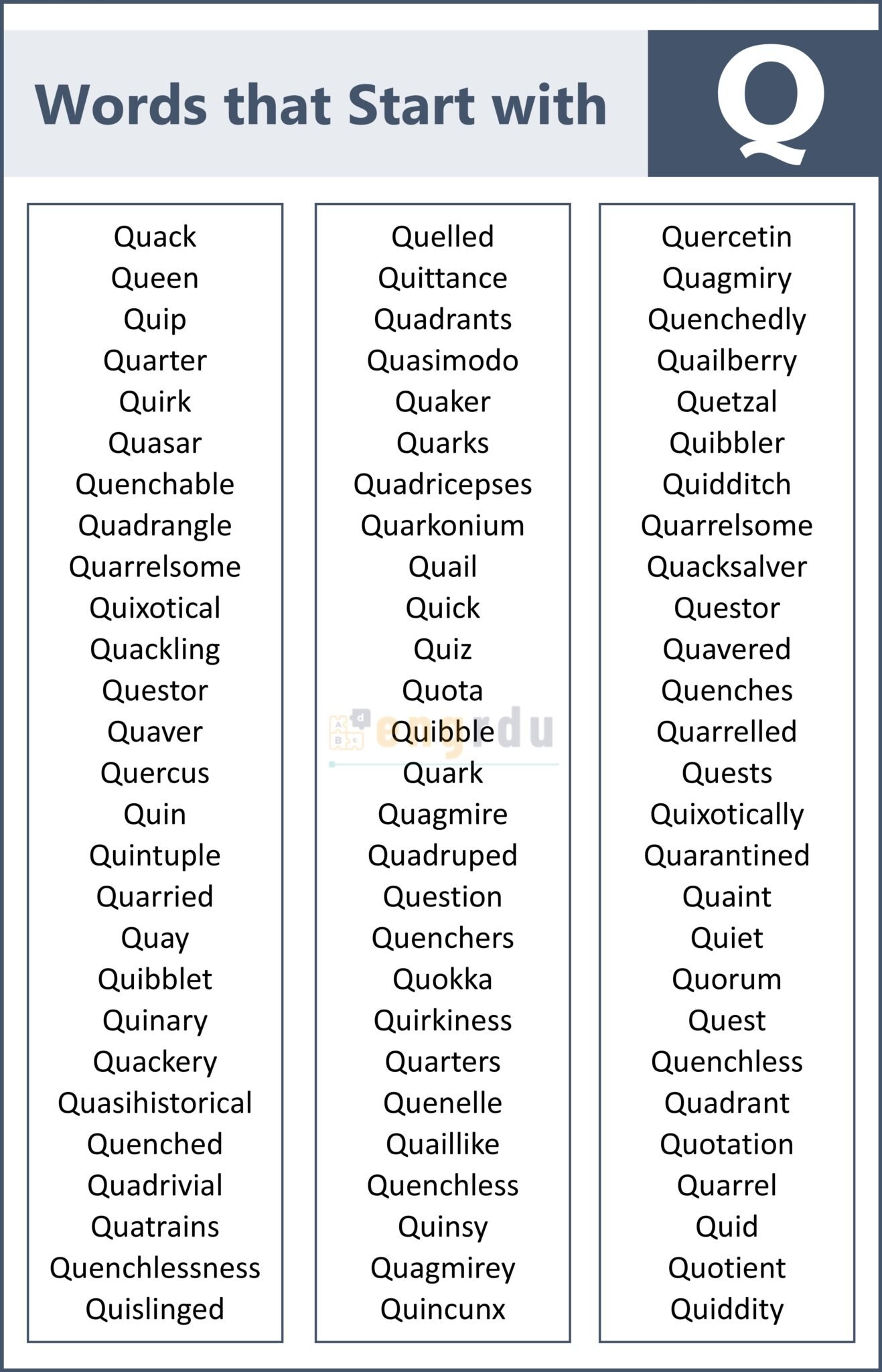 Q Example Words 500+ Words that Start with Q | Q-Words List in English - Engrdu