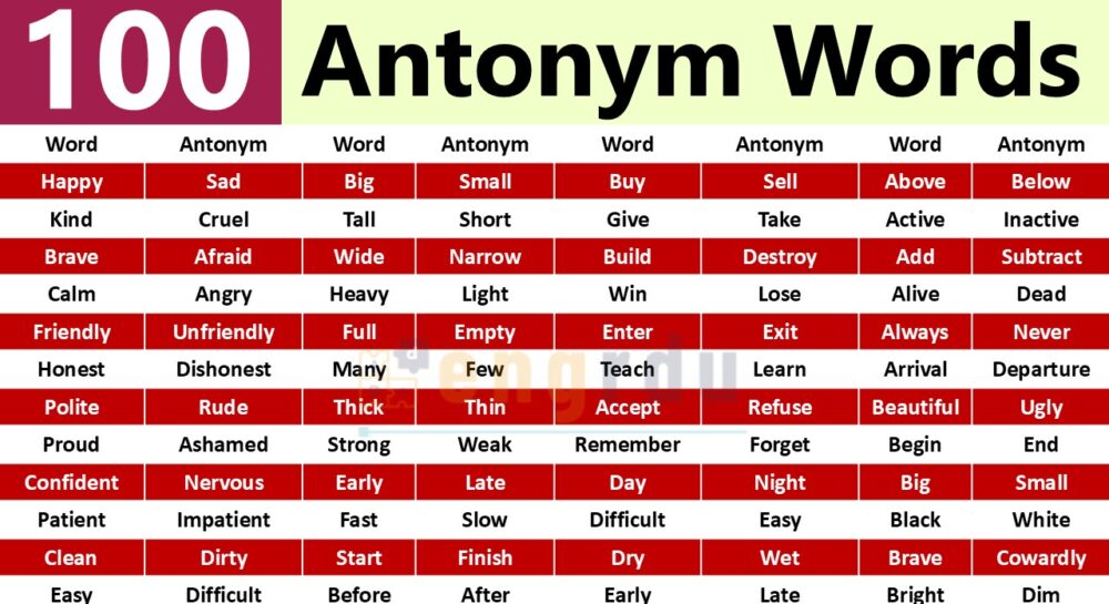 100 Antonym Words with PDF