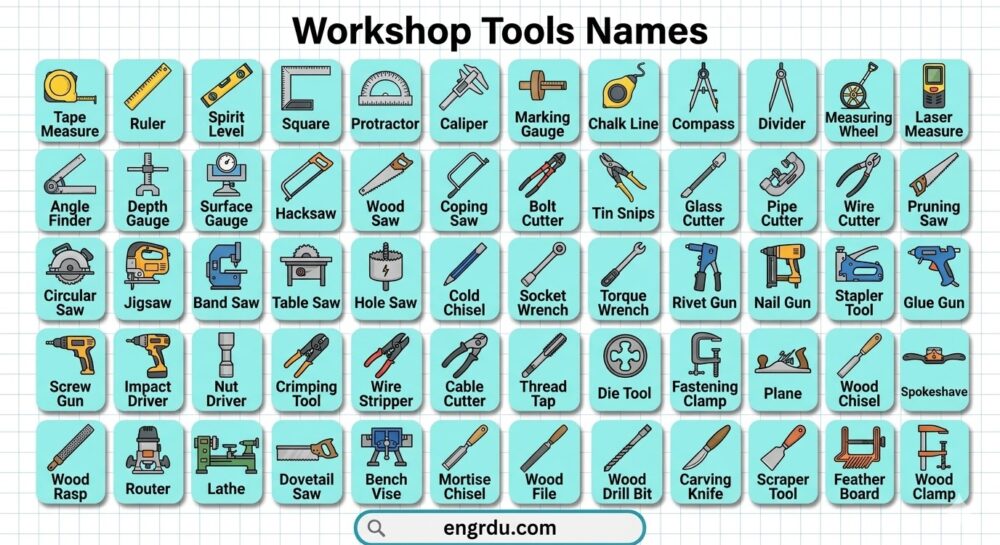 100 Workshop Tools Names and Uses with Pictures