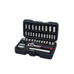 Socket wrench set with multiple socket sizes for repairs.