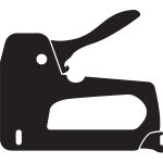 Staple gun hand tool fastening fabric and paper onto wooden surfaces.