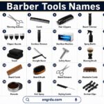 Barber tools chart showing 30 common barber equipment names with pictures. Tools are arranged neatly in rows and columns for easy learning.