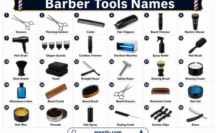 Barber tools chart showing 30 common barber equipment names with pictures. Tools are arranged neatly in rows and columns for easy learning.