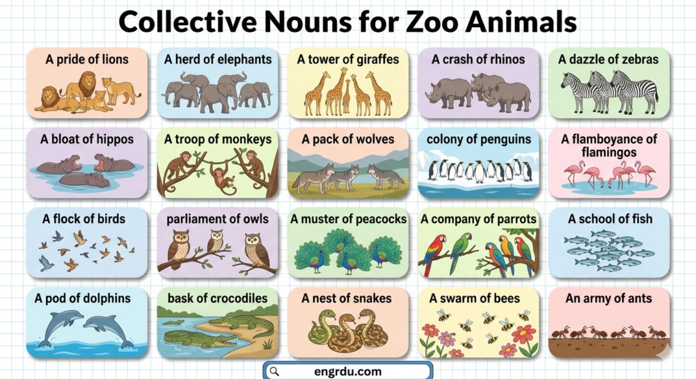 Collective Nouns for Zoo Animals with Their Pictures