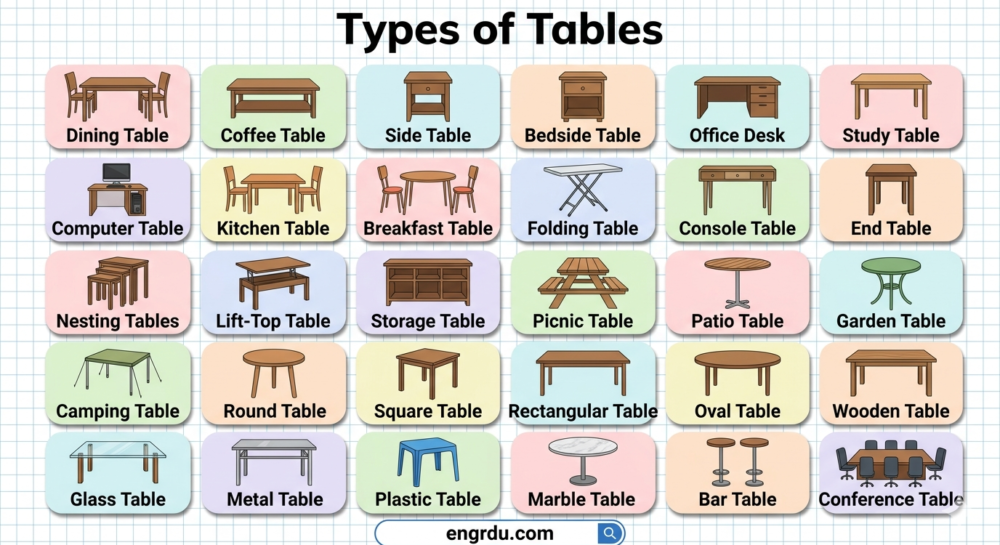 Different types of tables with names and pictures including dining, coffee, and office tables.