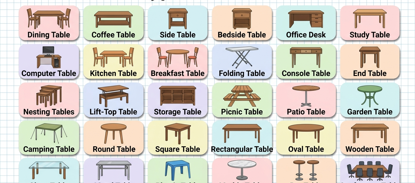 Different types of tables with names and pictures including dining, coffee, and office tables.