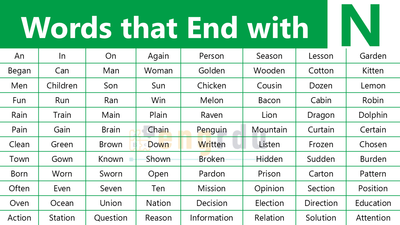 1000+ Words that End with N | All Words Ending in N