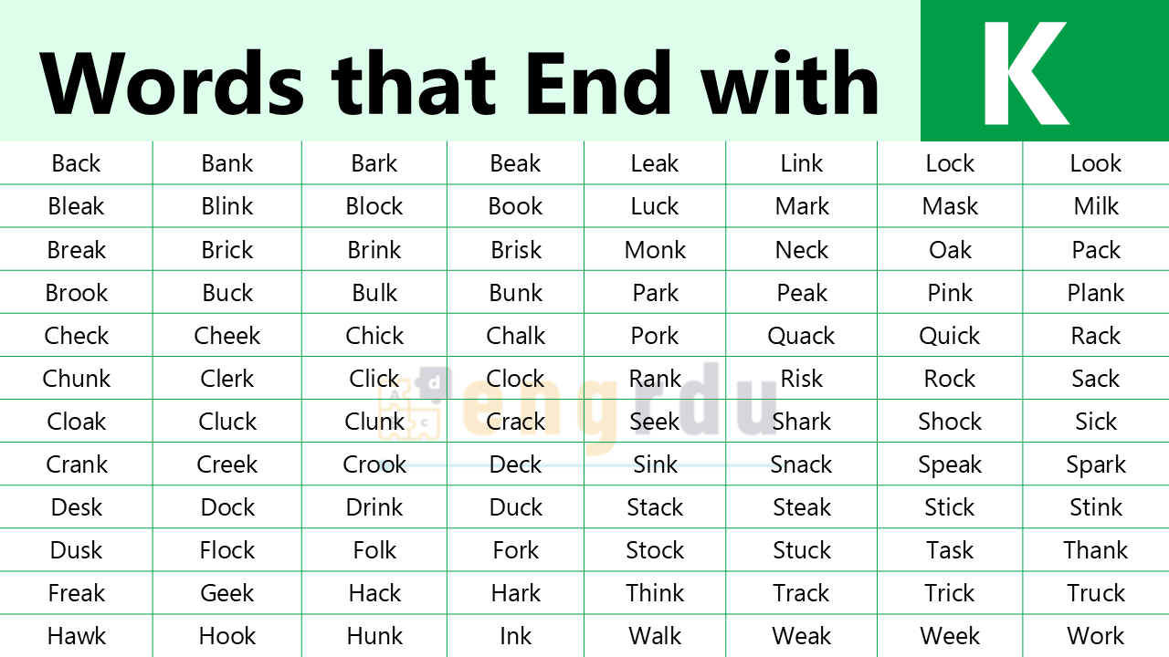 List of All Words that End with K with Meanings and Examples