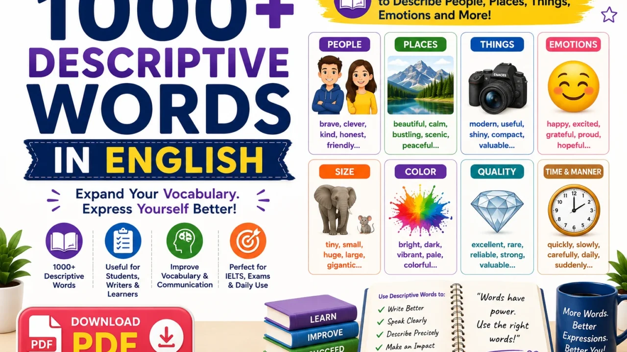 1000+ Descriptive Words in English with Their Meanings and Examples in Sentences and A Free PDF Book