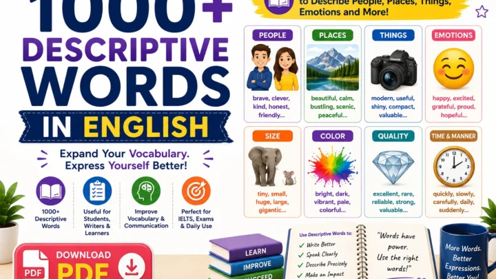 1000+ Descriptive Words in English with Their Meanings and Examples in Sentences and A Free PDF Book