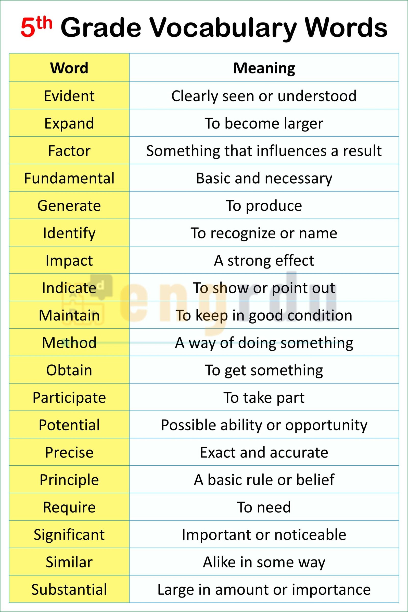 Fifth Grade Vocabulary Words with PDF